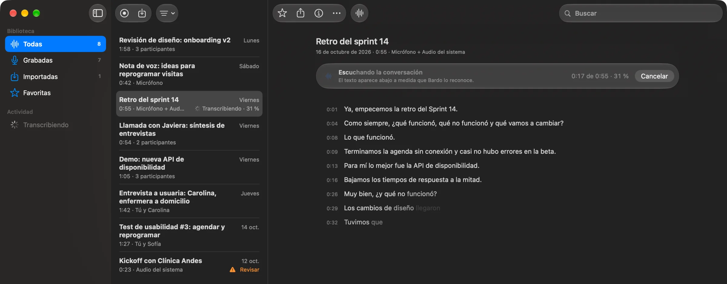 Bardo escribe la retro de un sprint frase a frase mientras la reunión se graba