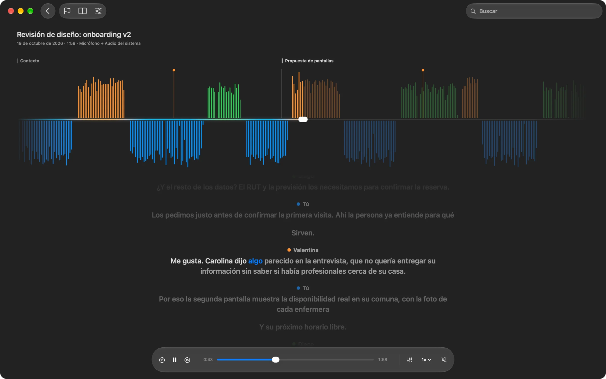 El reproductor de Bardo: la onda de una reunión coloreada por hablante y la frase que suena, resaltada palabra por palabra
